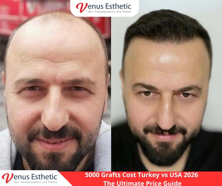 5000 grafts cost Turkey vs USA, Venus Pro Esthetic price guide 2026, best hair transplant Istanbul results, hair restoration Turkey cost comparison, 5000 grafts results before and after, Venus Pro VIP hair transplant package
